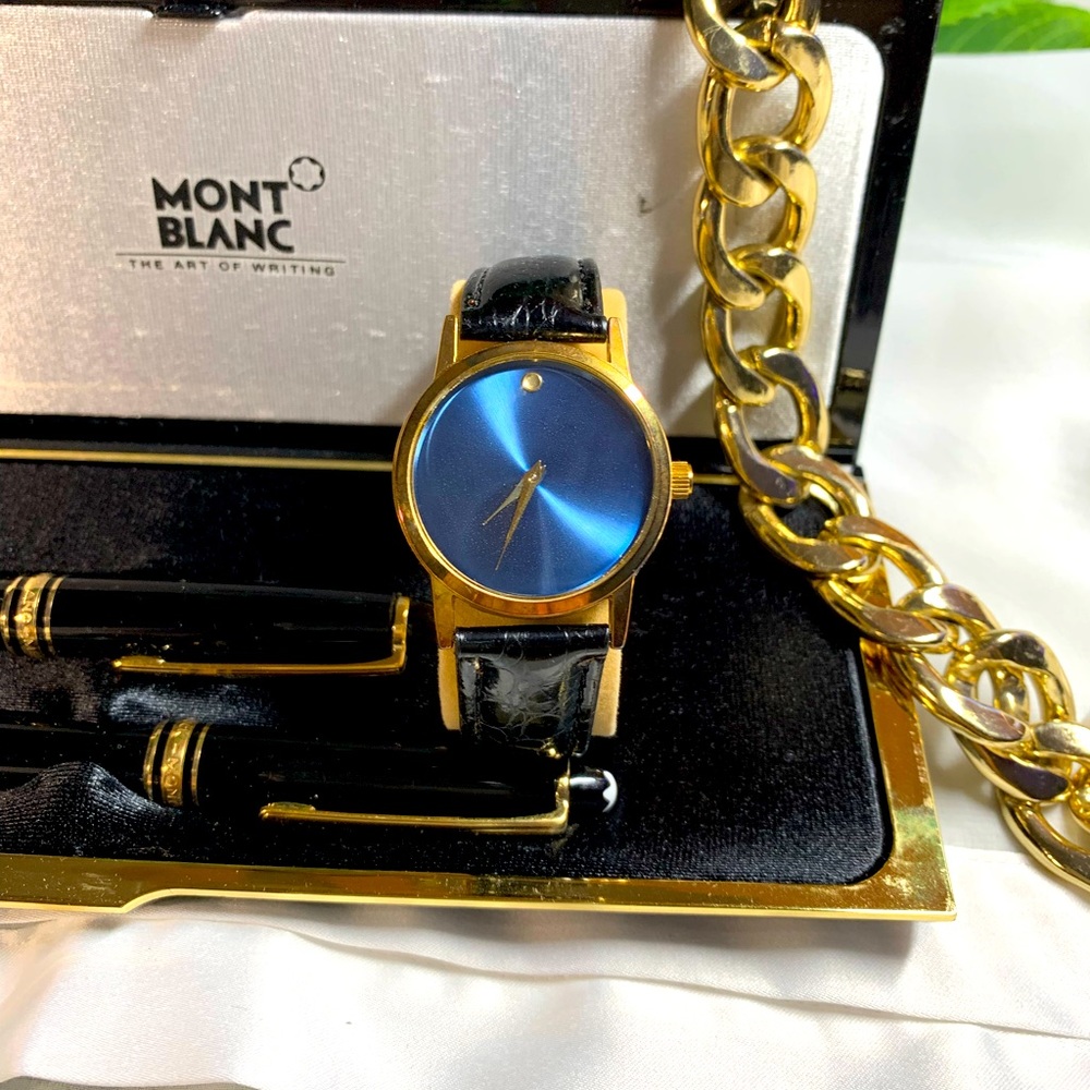 Geneva ELITE Blue Dail Leather Strap Watch Similar Look Movado, NWT
